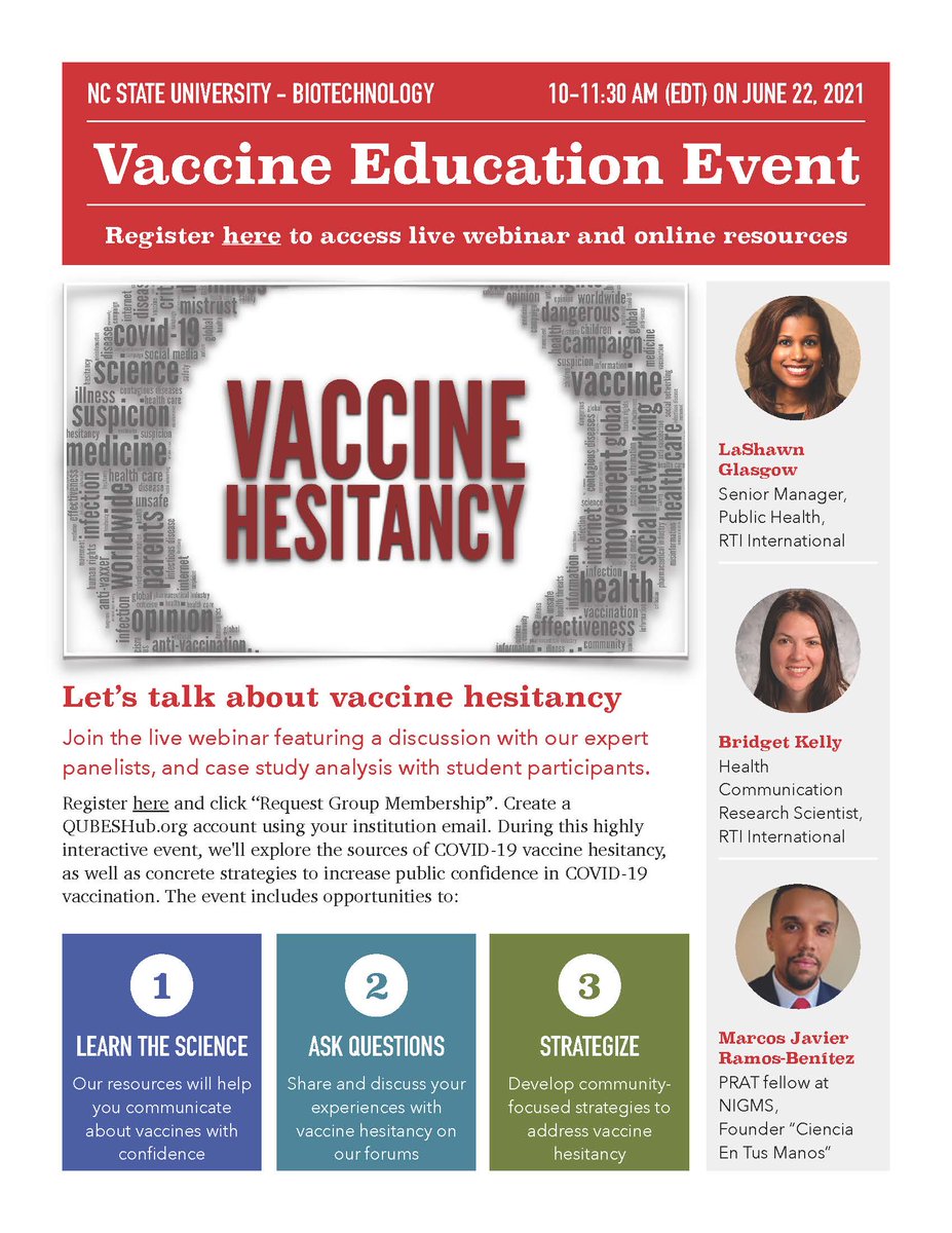 NCSU Biotech Program (@ncsubit) on Twitter photo Interested in conversing with colleagues and experts on vaccine hesitancy? Register for our upcoming webinar on June 22 at 10AM via QUBES! Be sure to indicate your institutional affiliation. Interested in conversing with colleagues and experts on vaccine hesitancy? Register for our upcoming webinar on June 22 at 10AM via QUBES! Be sure to indicate your institutional affiliation.