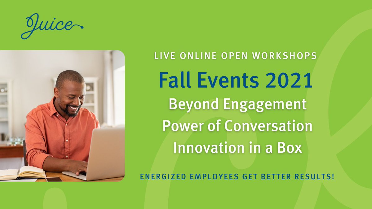 JuiceInc's tweet photo. Fall dates have been released for Juice virtual training! 📆

📲 Register today for Beyond Engagement, Power of Conversation &amp; Innovation in a Box workshops via Zoom and the MURAL Collaboration Platform: 
https://t.co/eJsCYhrO1w

#InnovationTraining #PeakPerformance #engagement https://t.co/EEh71FO2LO