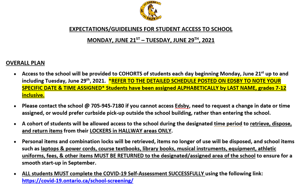 Student Access to Lockers-Materials Return Overall Plan

Mandatory COVID Self-Assessment Link - covid-19.ontario.ca/school-screeni… 

More details coming...