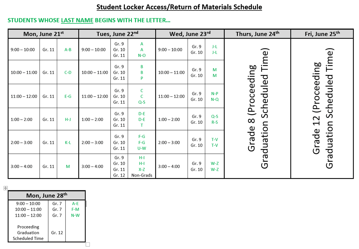 Student Access to Lockers-Materials Return Schedule and Specific Time Assignments...