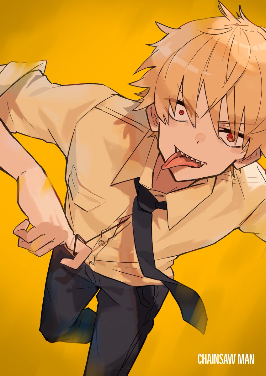 denji (chainsaw man) 1boy tongue teeth necktie shirt blonde hair sharp teeth  illustration images