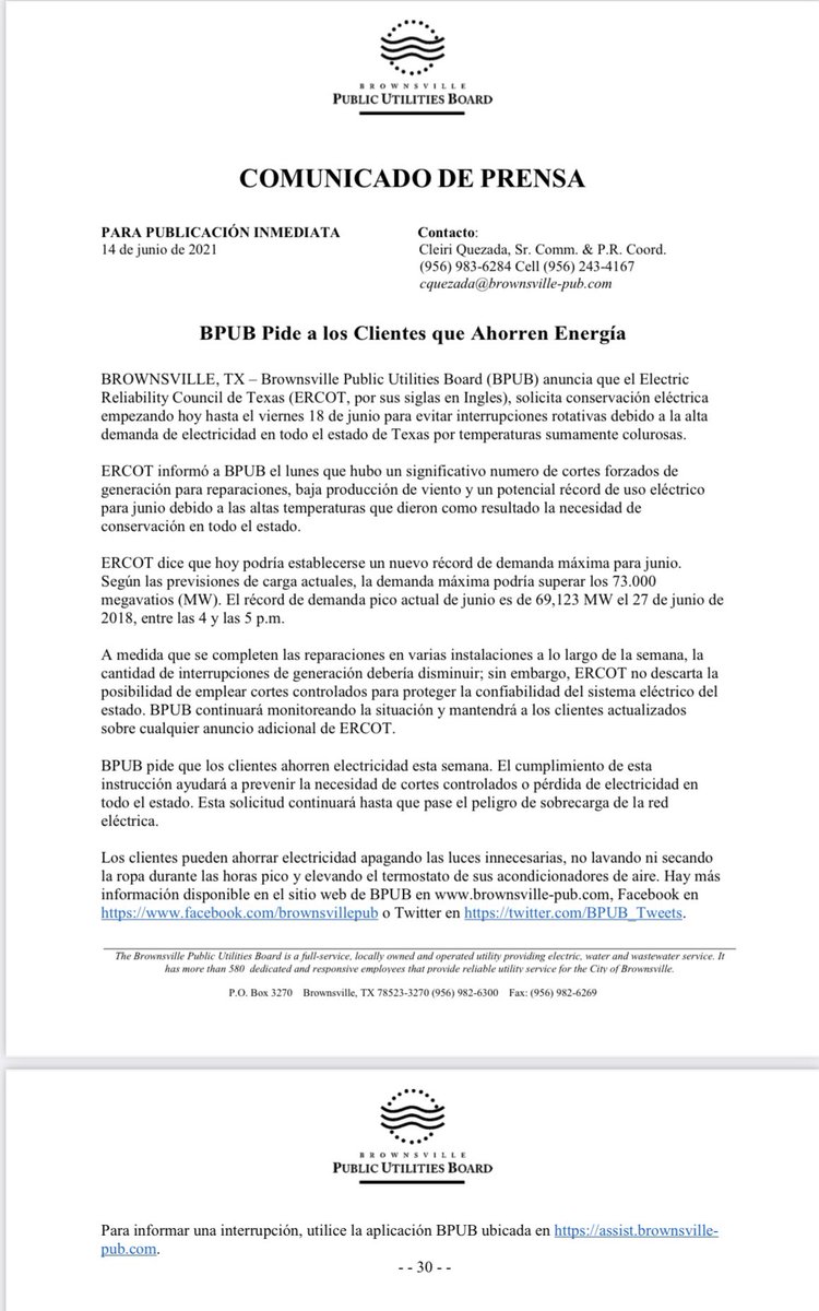 🚨IMPORTANT NOTICE
 
ERCOT requests customers conserve energy now thru 6/18. For more tips, visit the BPUB website. 

CONSERVATION TIPS
• Turn off &amp; unplug nonessential lights &amp; appliances
• Turn thermostat up 2-3 degrees
• Use fans to feel cooler

Stay cool Cameron County! ☀️