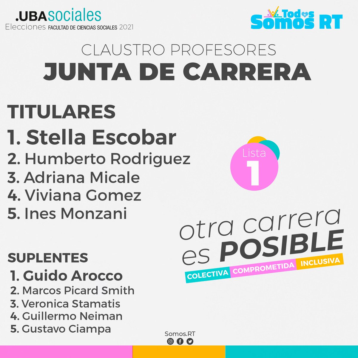 RtSomos's tweet photo. OTRA CARRERA ES POSIBLE te presentamos la lista que va a hacer de RT una carrera:
🟣 #Colectiva 🟢 #Comprometida 🟡 #Inclusiva
LISTA 1 - LISTA M💚MARIANA NOGUEIRA💚Candidata a Directora de la Carrera de RELACIONES DEL TRABAJO
💜La salida es colectiva 💙
#SocialesUBA #SomosRT https://t.co/FrWJGJYzxa