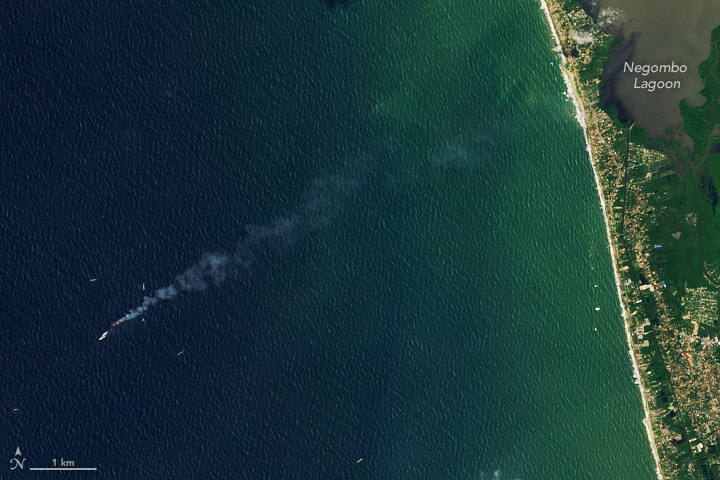 On June 1, 2021, the Operational Land Imager (OLI) on Landsat 8 acquired this natural-color image of smoke streaming from a stricken cargo ship along the coast of Sri Lanka.

@USGSLandsat 
