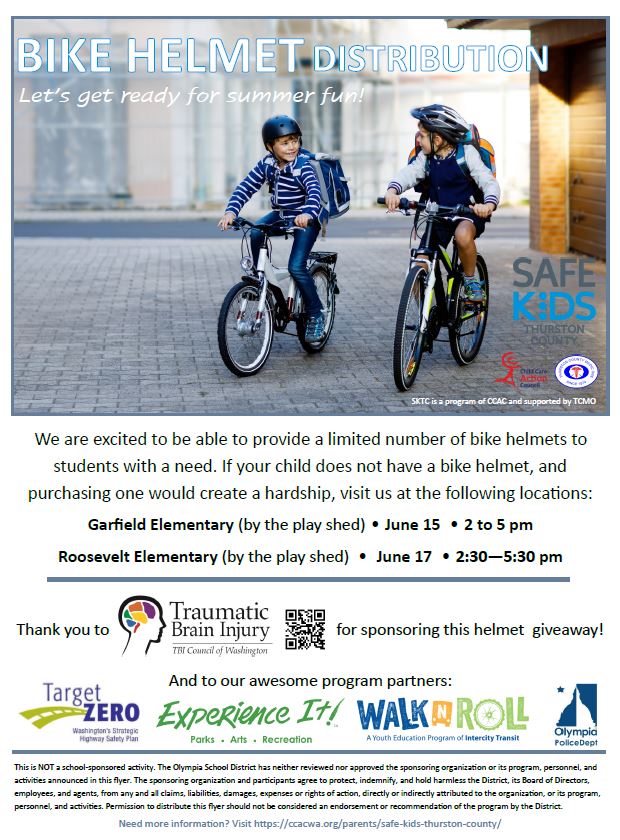 OlyPD's tweet photo. Do you know a local child in need of a bike helmet and purchasing one would create a hardship? 

FREE bicycle helmets will be distributed this week for kids in need. Bring them to one of the two distribution events this week! 🚴‍♂️

See the flier for details! ⤵️ https://t.co/oD1PAvUZmm