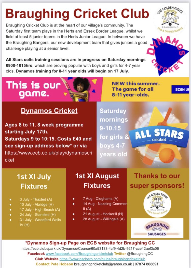 The latest for BCC juniors and the senior fixtures for July/ August