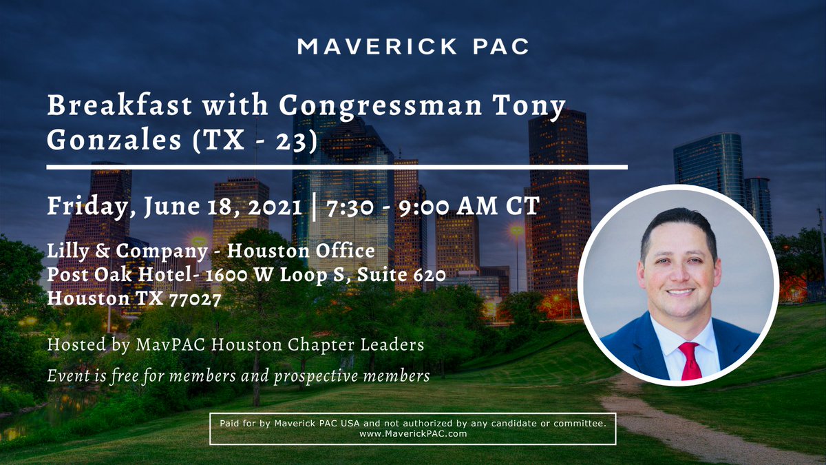 MavPAC's tweet image. We are looking forward to breakfast with Congressman @TonyGonzales4TX this Friday, June 18th in Houston! RSVP: forms.gle/P2JvaSheAFLdrV… . #MavPAC #Conservative