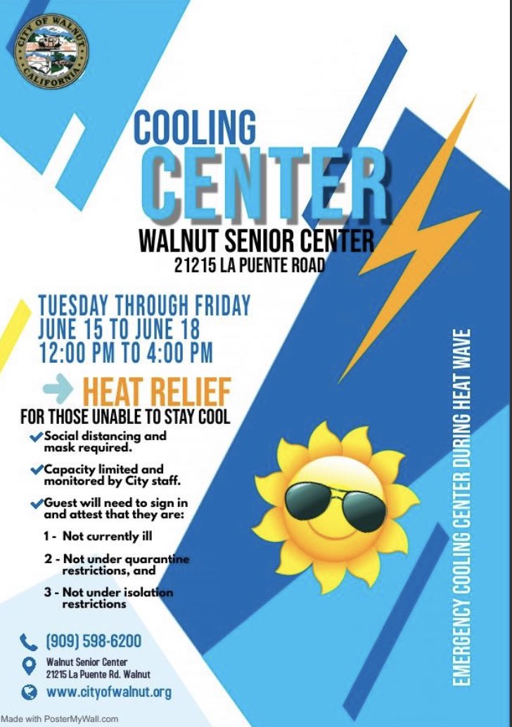 CityofWalnut's tweet image. It&apos;s going to be very hot ☀️this week! Starting tomorrow through Friday, the Walnut Senior Center will be open from 12pm to 4:00pm as a cooling center. See flyer below for more details!
