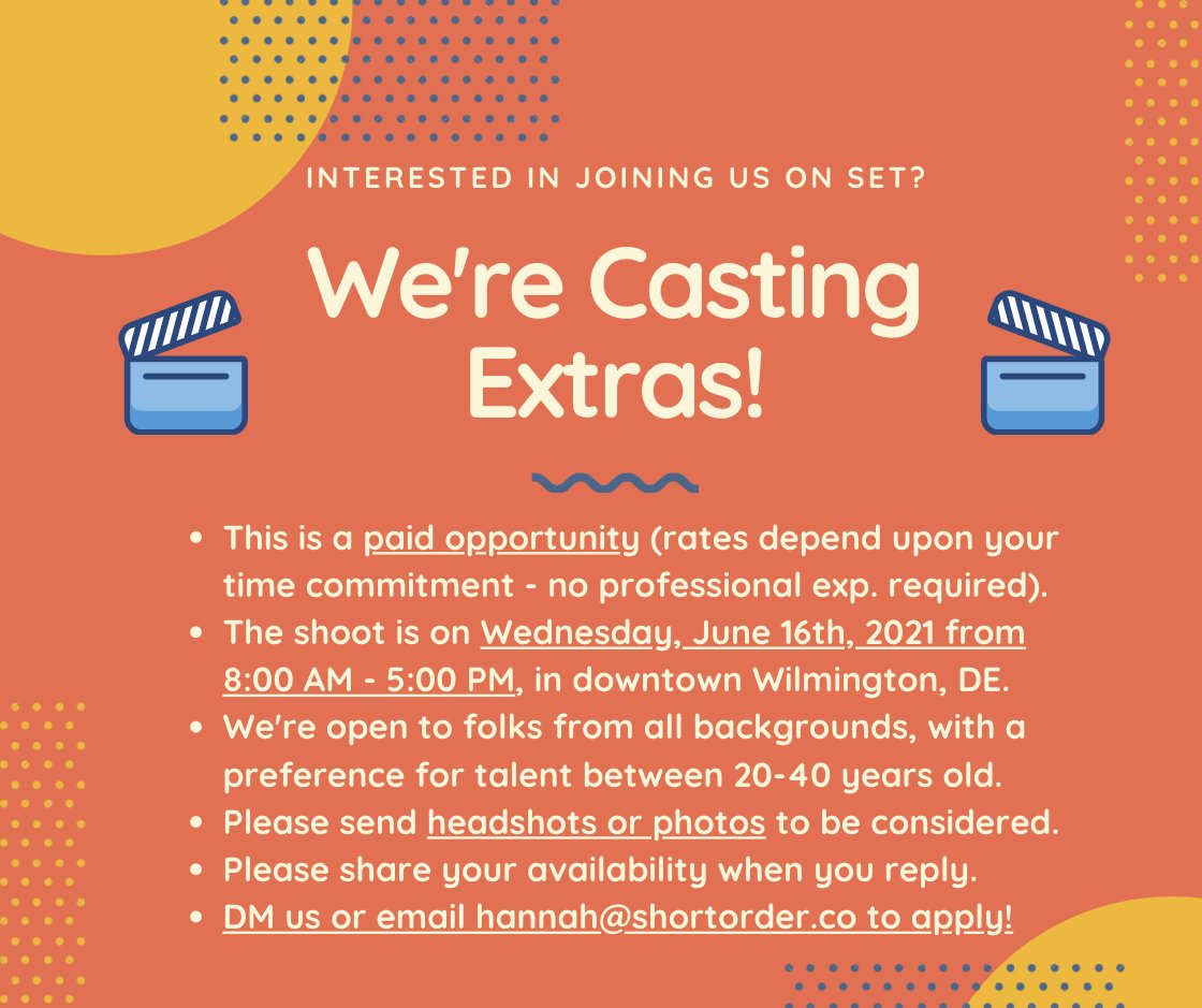📣Casting Call!📣 We’re looking for extras to join us on set this Wednesday, June 16th in downtown #WilmingtonDE. This is a paid opportunity! Please DM us or email hannah@shortorder.co to apply. #castingcall #acting #filmproduction #delaware #netde #MondayMotivation #opportunity