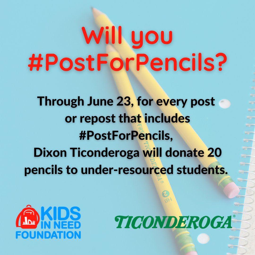 As students head back to class for summer learning, please help us support them with the basic supplies they need to succeed in school—pencils!✏️

When you RT this #PostForPencils message, <a href="/WeRTiconderoga/">Ticonderoga</a> will donate 20 pencils (up to 3M) through our partner, <a href="/KidsInNeed/">Kids In Need Foundation</a>.