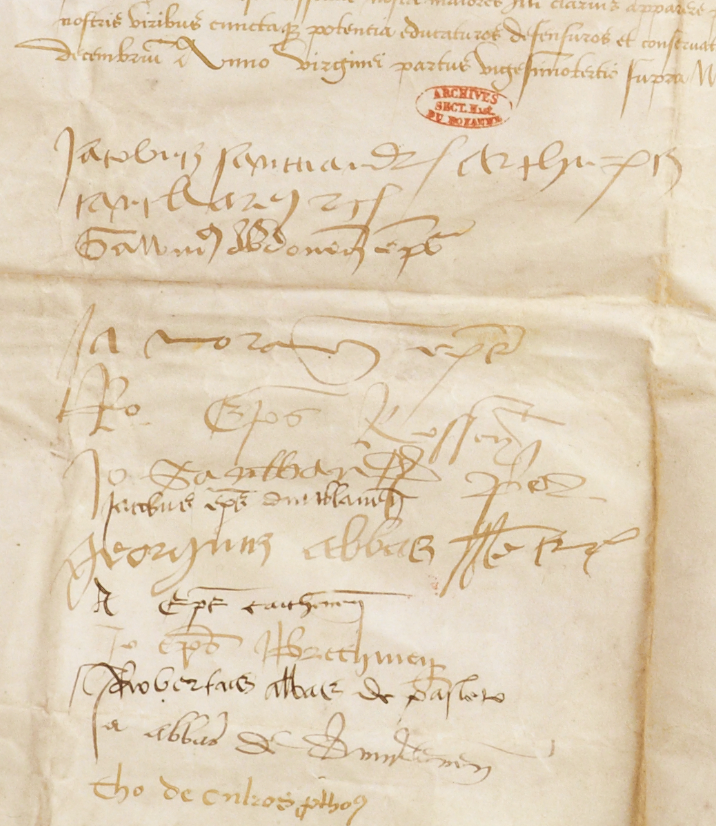 BrunelGhislain's tweet photo. L'#Ecosse à l'honneur aux @ArchivesnatFr, encore et toujours ! 
SPECTACULAIRE ratification du célèbre traité de Rouen (26 août 1517) par les "Etats du royaume d'Ecosse" le 24 novembre 1523 : signatures et sceaux à profusion pour identification ! https://t.co/KFZG4sAM81