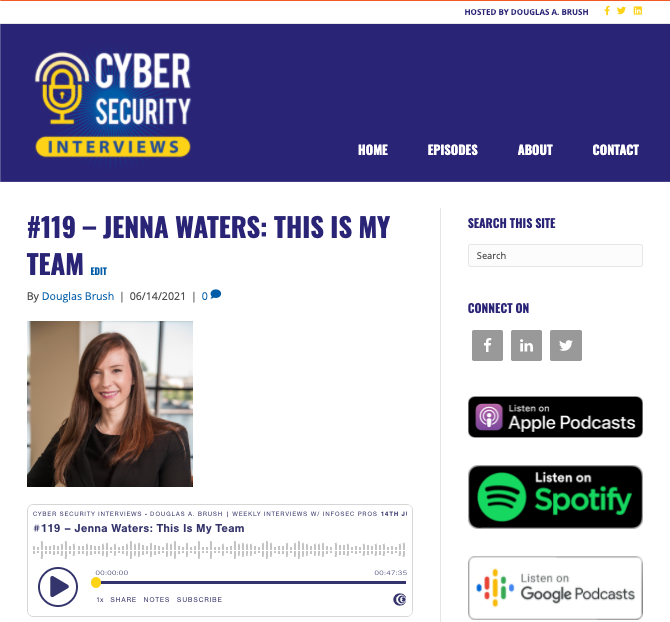CyberSecInterviews (@csi_podcast) on Twitter photo Ep. 119 is out now with #cybersecurity rising star, Jenna Waters from @truedigitalsec. cybersecurityinterviews.com/episodes/119-j… We discuss starting cybersecurity with the <a href="/USNavy/">U.S. Navy</a>, building an information security program, using frameworks for #resiliency, #diversity and so much more. Ep. 119 is out now with #cybersecurity rising star, Jenna Waters from @truedigitalsec. cybersecurityinterviews.com/episodes/119-j… We discuss starting cybersecurity with the <a href="/USNavy/">U.S. Navy</a>, building an information security program, using frameworks for #resiliency, #diversity and so much more.