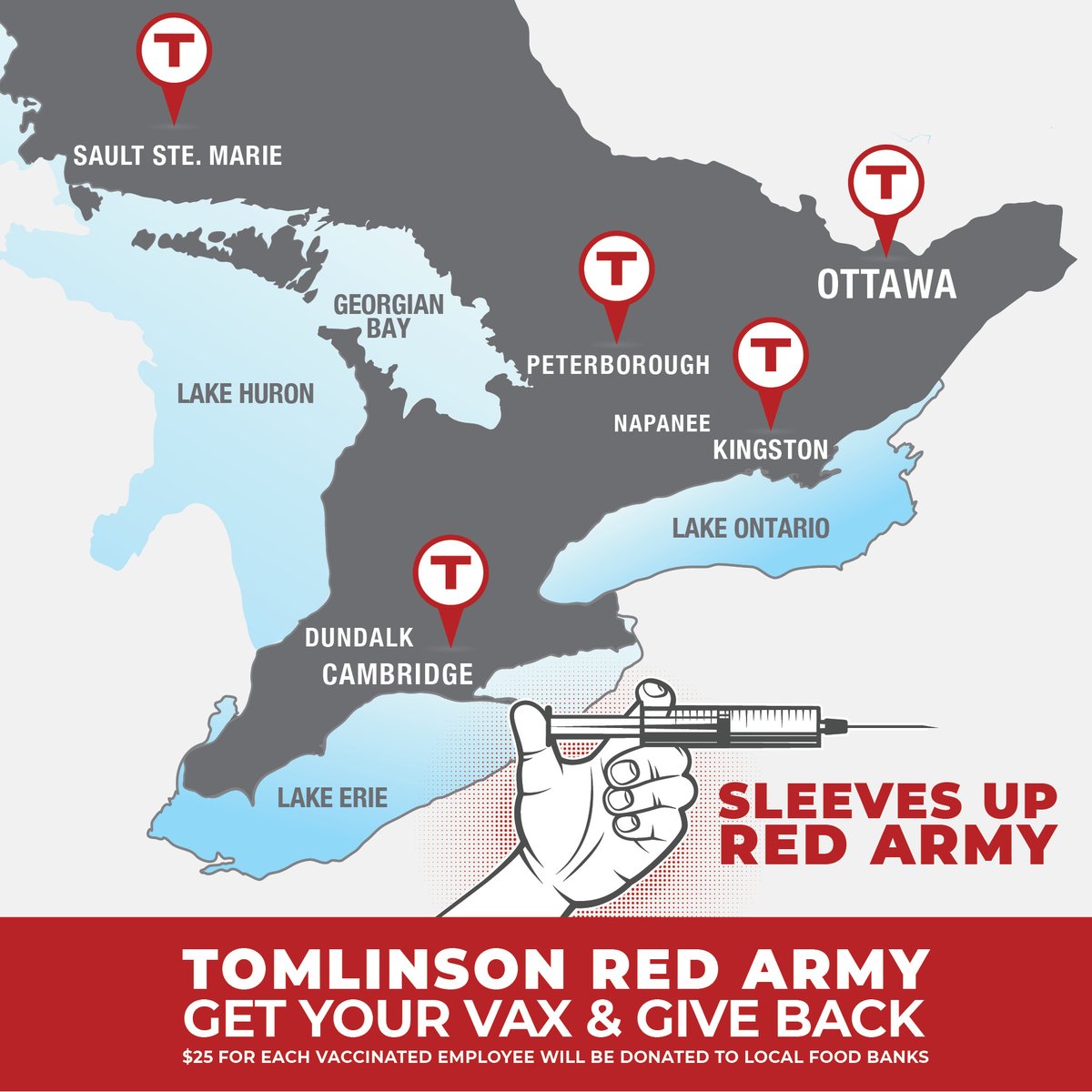 tomlinsongroup's tweet photo. Our Sleeves Up donation will be supporting local food banks throughout Ontario where our employees live and work. Tomlinson Red Army do your part to support your local food bank! Did you get your vaccine? Haven't told us? Send us a message. #RWTomlinson #SleevesUpRedArmy https://t.co/GvgFcaCjJN