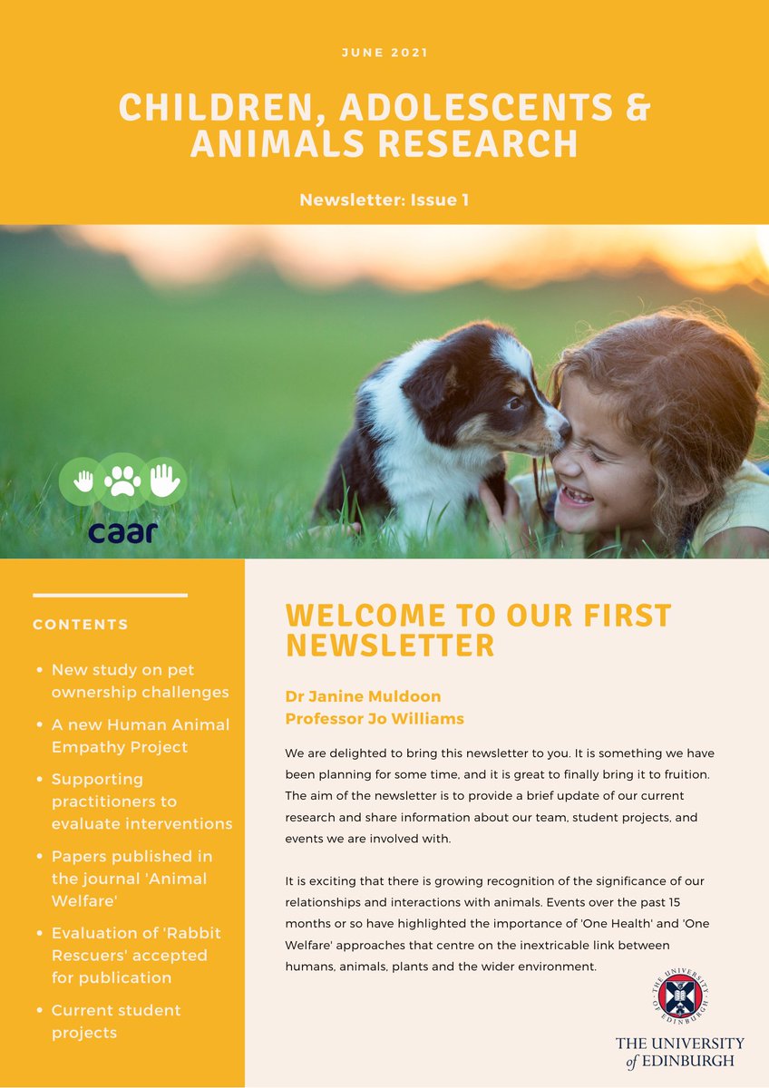 We are very pleased to have produced our first ever newsletter. 
Find it here: ed.ac.uk/health/researc…

#childanimalinteraction #humananimalinteraction #pets #petresearch #mentalhealth #animalassistedtherapy #animalassistedinterventions #animalassistedactivities