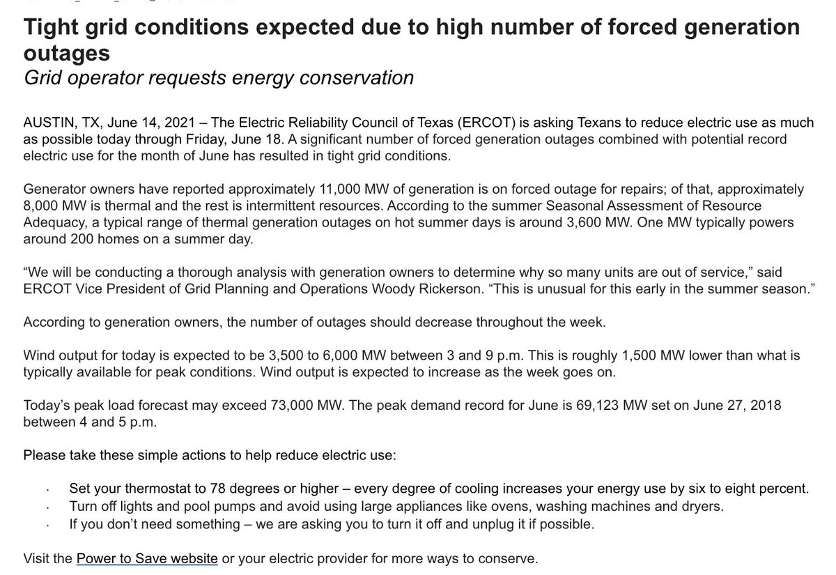 mattlargey's tweet image. BREAKING: ERCOT is now asking people to conserve electricity through Friday, saying there are a significant number of power plants offline and expecting possible record use for June.