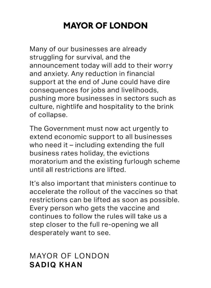 It’s frankly staggering that the Prime Minister has today announced an extension of restrictions without a single mention of extending financial support to business. My full statement: