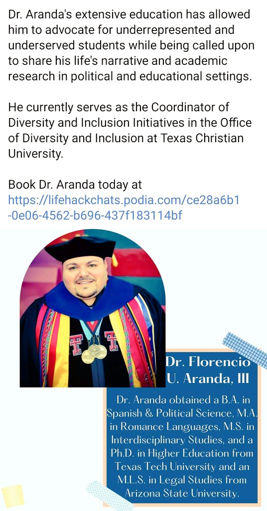 I would love to connect with you and your organization to share my life's narrative! 

Book Me Today!

#DrFlorencioUArandalll #EducationAdvocate #DiversityAdvocate #LatinosinHigherEducation #BadHombreScholar #LifeHackChats #DrFloSpeaks #AdelanteJuntos