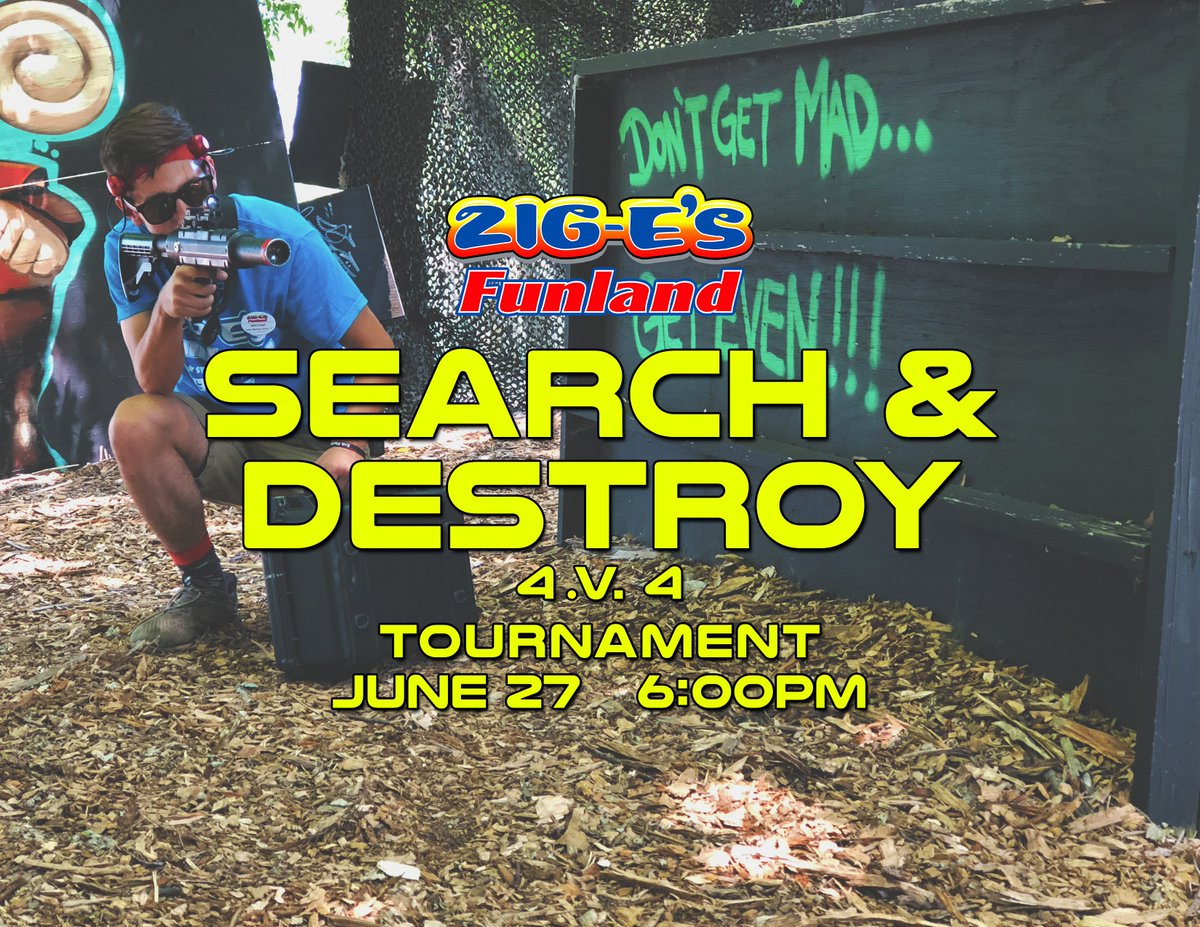 Laser tag tournaments are back! Our 4v4 Search and Destroy tournament will be held June 27th at 6pm.  

Registration is $15/person, spots are limited so call (219) 558-0596 or come in to reserve your spot!

Prizes including t-shirts, gift cards, and attraction tickets!

#ZigesFUN