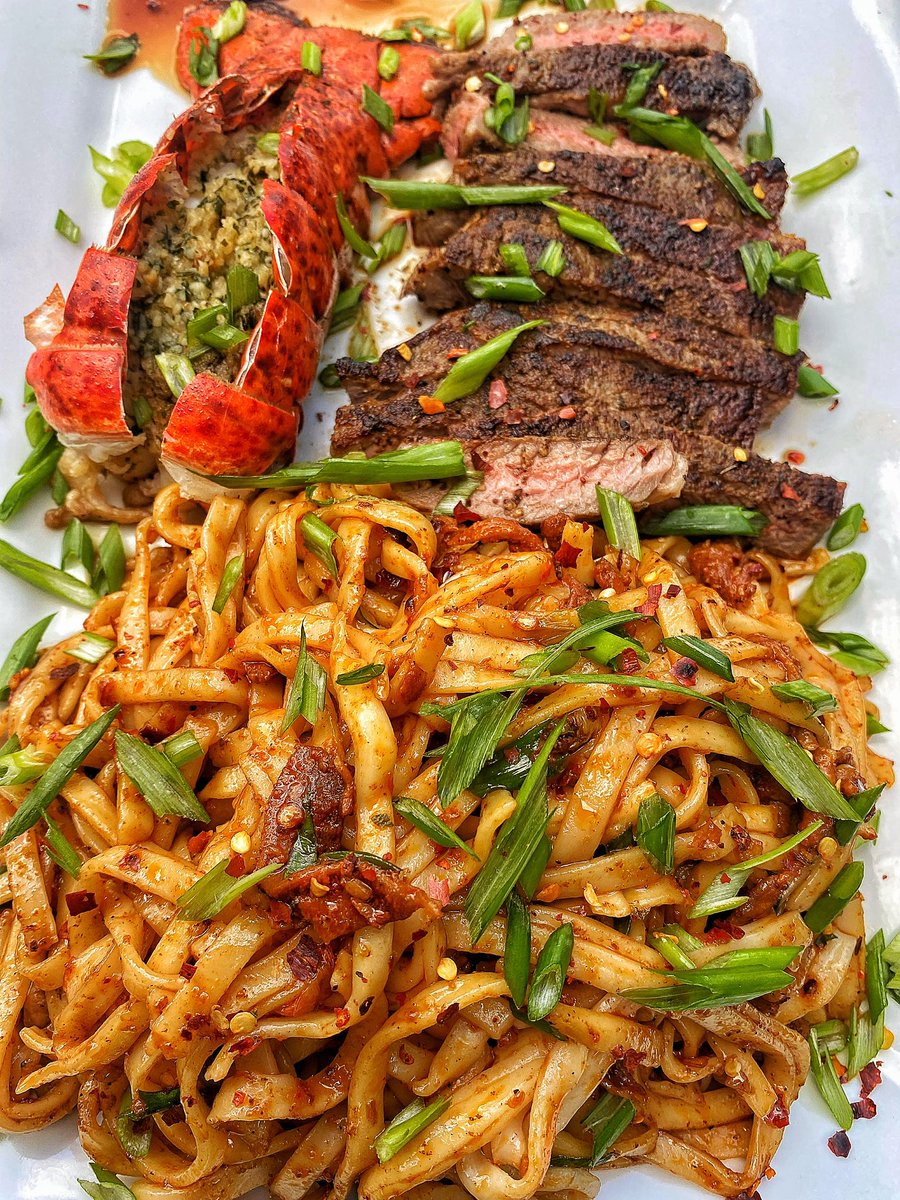 Steak and Lobster seasoned with <a href="/OakridgeBBQ/">Oakridge BBQ</a> SAIGON 21 rub with Asian style noodles and thinly cut pork belly. #rgv #donnatx #borderbangerbbq