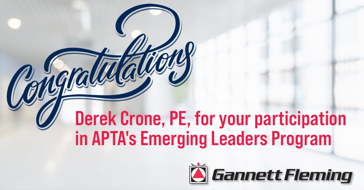 DavidBoate's tweet image. APTA's Emerging Leaders Program for 2021-2022 starts tomorrow. I am very proud of Derek Crone, @GannettFleming, for being part of the program this year.
lnkd.in/d_mY3Dx