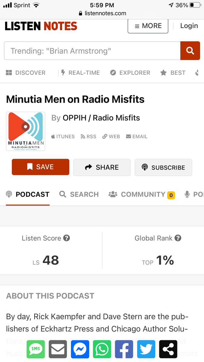 Rick Kaempfer (@rickkaempfer) on Twitter photo There are more than 2.5 million podcasts in the world, and Minutia Men is ranked in the top 1%. Minutia Men Celebrity Interview is in the top 3%. We work hard on these shows. Happy to see they have found an audience. <a href="/MinutiaMen/">Minutia Men</a> #podcasts There are more than 2.5 million podcasts in the world, and Minutia Men is ranked in the top 1%. Minutia Men Celebrity Interview is in the top 3%. We work hard on these shows. Happy to see they have found an audience. <a href="/MinutiaMen/">Minutia Men</a> #podcasts