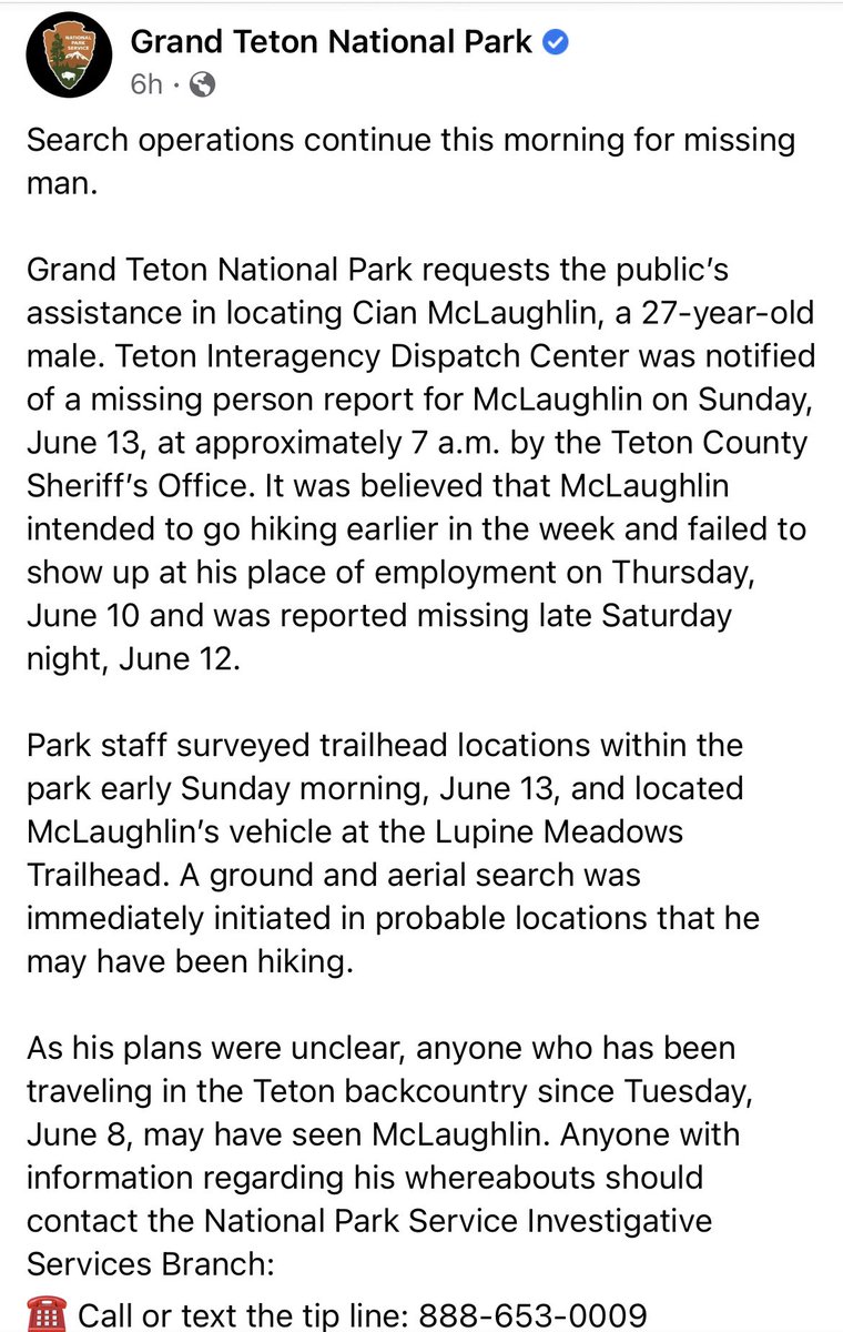 ReporterDawn's tweet photo. Sad news: The 27-year-old man missing in Grand Teton National Park, Cian McLaughlin, is the nephew of Conejo Valley Unified’s Superintendent @MarkMcLCVUSD. Cian’s been missing since last week. Please keep the McLaughlin family in your thoughts and prayers. https://t.co/l0ntxcdnxQ