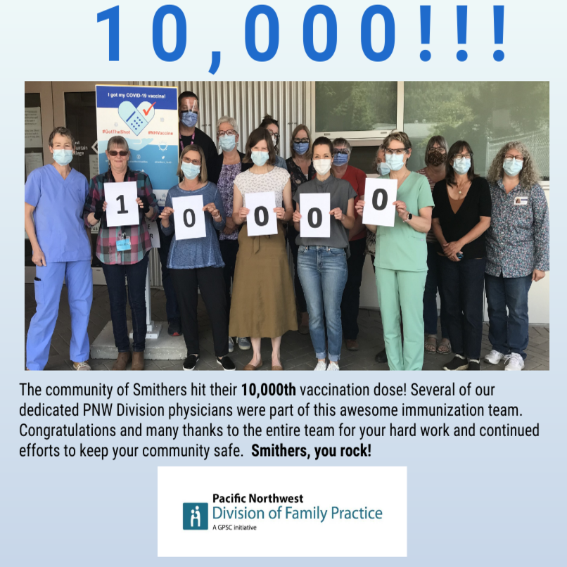 PNWLocumNetwork's tweet photo. The community of #Smithers has received their 10000th dose of the vaccine!  Many thanks to everyone that made this happen, and to the residents of Smithers for rolling up your sleeves! #ourdocsrock #teamwork #ThisIsOurShot #thisisourshotca #getvaccinated https://t.co/7s2AQNdPKK https://t.co/ysPG7YJfLS