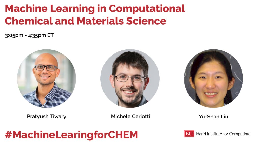 BU_Computing's tweet photo. In our last #MachineLearningforCHEM session join @tiwarylab @MicheleCeriotti @Yu_Shan_Lin as they discuss using data-driven techniques to realistically simulate and understand physical structures and aid in chemical and material development. Panel moderated by Qiang Cui! https://t.co/MXHPMpmHv3