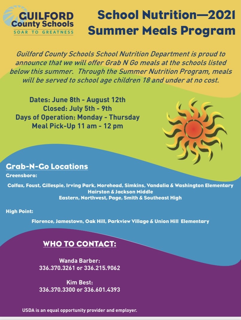 GCSchoolsNC's tweet photo. GCS summer meal distribution has begun. Meals are available at designated locations Monday-Thursday, 11am-12pm. A map of the meal locations is available on our website. Drop off times for satellite locations can be found by hovering over their location: https://t.co/LC2E5QYj1S https://t.co/srv5BwmvQL