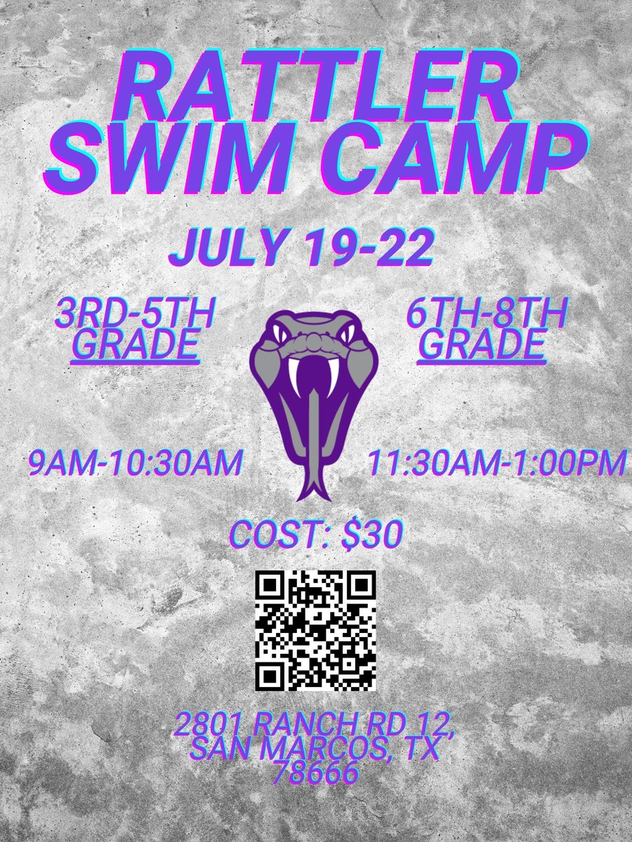 🏊‍♂️Sign up now for Rattler Swim Camp July 19-22🏊‍♀️
We will host a wide variety of lessons from beginner swim skills to advanced competitive techniques.
Register Here:
forms.gle/T5LGTrhypHBni2…