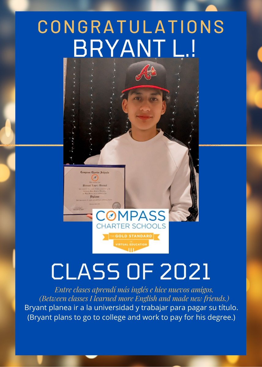 CompassCs's tweet image. Felicidades/Congratulations Bryant! Excellent work this year! Enjoy your college experience and be so proud of all your hard work! #CompassProud

#CompassExperience #Classof2021 #NextChapterReady #SeniorSpotlight