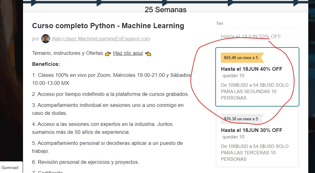 Hola. Ya se agotaron los 10 lugares con 50%OFF. Ahora van los siguientes 10 con 40%OFF. 👉 gumroad.com/l/hEIff Cualquier duda escríbeme.