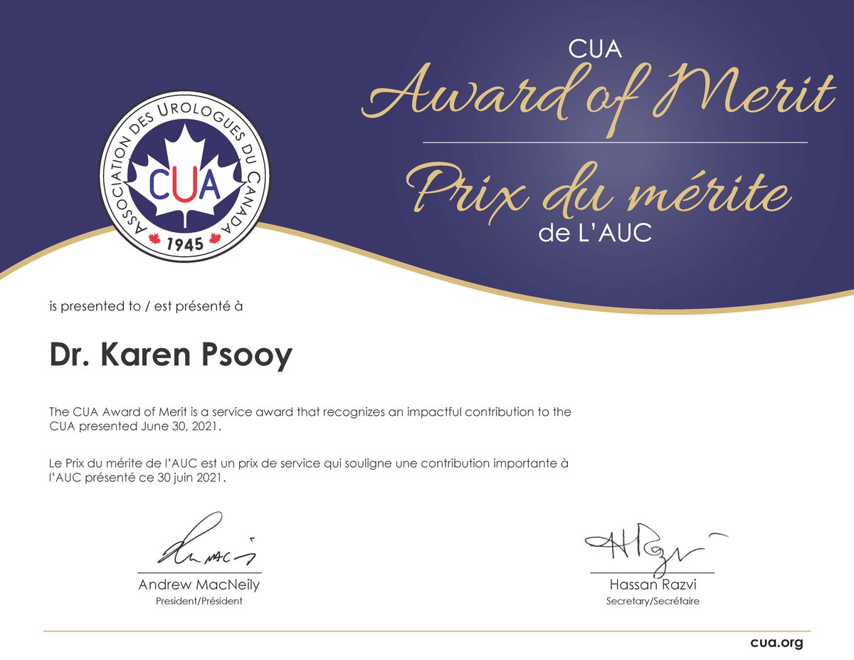 CanUrolAssoc's tweet photo. Another massive congratulations to Dr. Karen Psooy for winning the CUA Award of Merit for her impactful contributions to the CUA. 👏Tune into #CUANightSchool2021 to join us in celebrating Dr. Psooy when she receives her award! #CUAAwardofMerit https://t.co/TReijJ1hAQ
