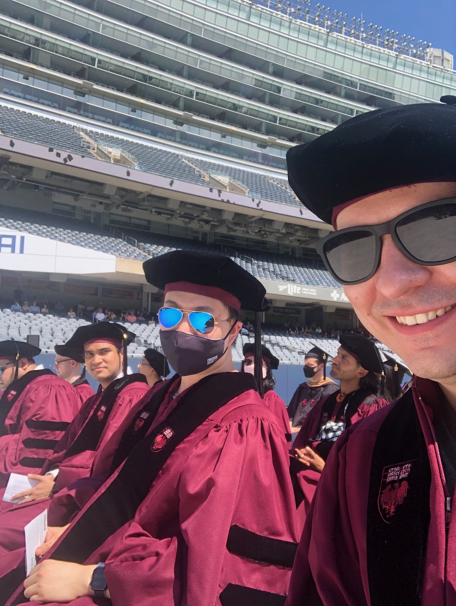 econdowd's tweet photo. It's unclear to me when it became official, but sometime in the last two months I got a PhD! 

I'm extremely thankful to many people for their help. I'm pleased that many friends graduated. And it still hasn't really sunk in that I'm done.

Pre-hooding pic featuring @jianfei_cao https://t.co/tzBKvtXE8j