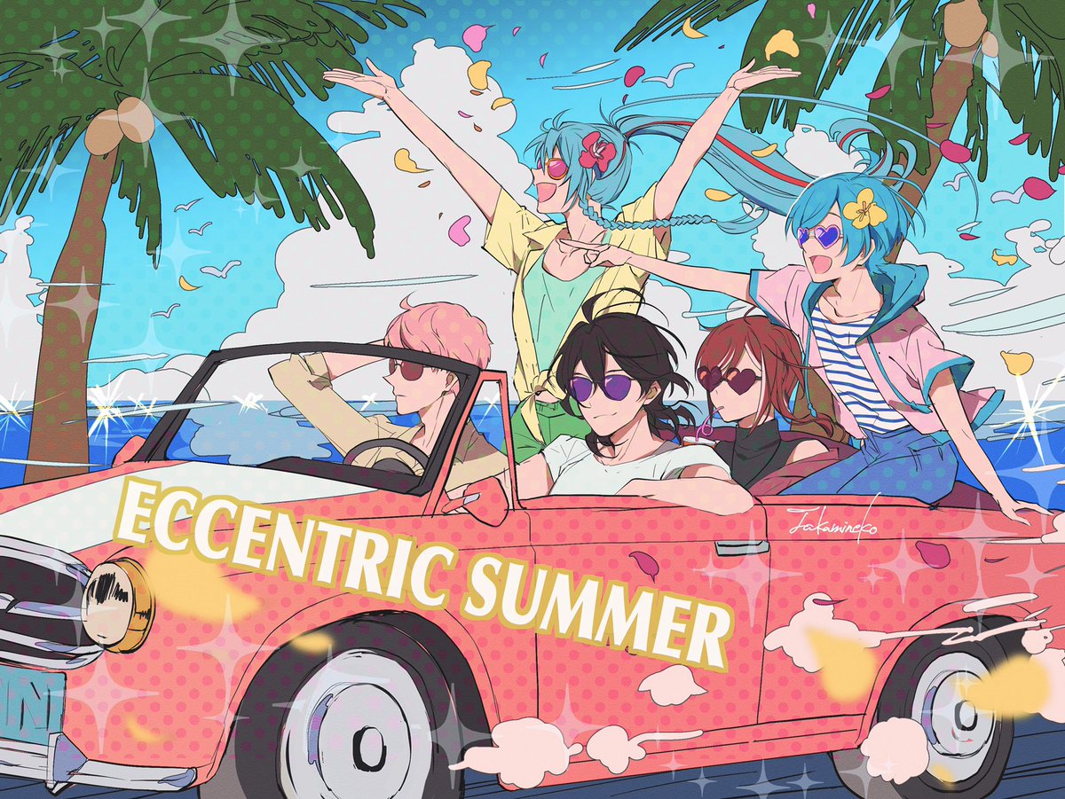 hatsune miku ,kaito (vocaloid) ,meiko (vocaloid) sunglasses car palm tree motor vehicle multiple girls multiple boys ground vehicle  illustration images