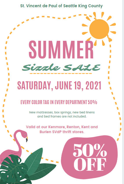 SVDPSeattle's tweet photo. St. Vincent de Paul's Summer Sizzle Sale ☀️
Saturday, June 19, 2021 at our Burien, Kent, Kenmore and Renton Thrift Stores! 
Don't miss out on these AWESOME SUMMER SAVINGS!
#savings #thriftstore #Summer2021 https://t.co/Ib5F8Pbrrv