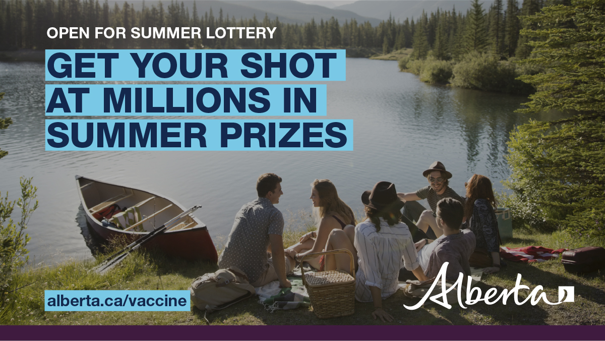 YourAlberta's tweet photo. Got vaccinated? Get rewarded!
Albertans 18+ with at least 1 dose can enter to win one of 3 draws for $1 million.
You only need to enter once, but must prove you’ve had your 2nd dose to win the Aug or Sept draws. Enter now: https://t.co/Gd45FrMK63
Not vaccinated? Book today. https://t.co/7E0m3iTM4k