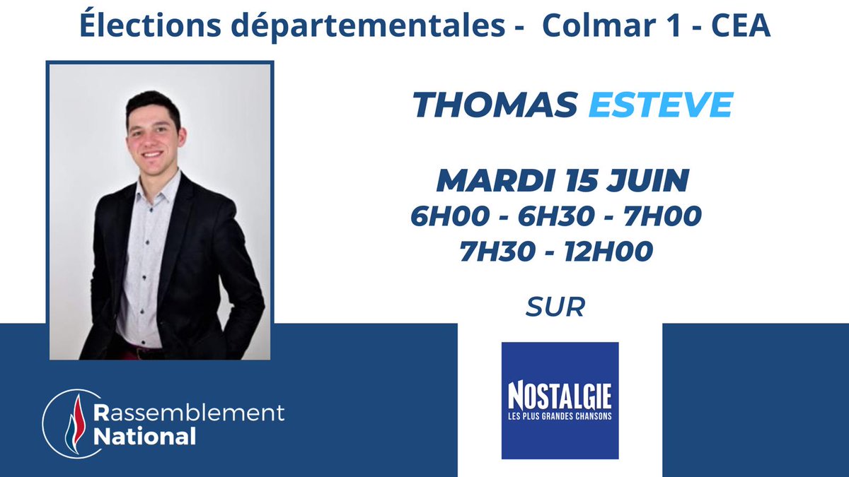Th_ESTEVE's tweet photo. 📻 Je serai demain en interview sur @nostalgiefm pour les élections départementales. 
Fréquence 103 pour la région colmarienne. ⤵️
#colmar #colmar1 #jacobelli2021 https://t.co/bibXGfRg04
