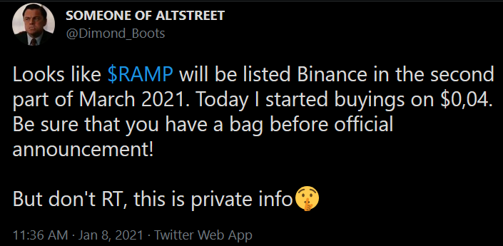 LordofCrypto19's tweet photo. He was fired from Binance for revealing news. He predicted $RAMP Binance listing before the announcement on Jan 2021, after that $RAMD pumped X24.

Subscribe now - @DIMOND_BOOTS

$vet $xrp $ncat $mel $coco $ont $neo $bnb $mis $fil $bake $xtp $dcr $btt $btcb $etc $snx $desh https://t.co/lkEhOwN9wm