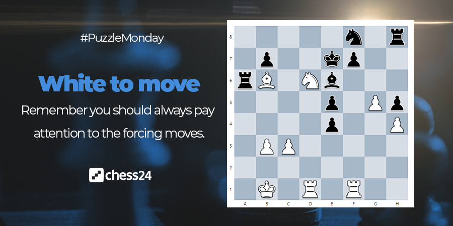 chess24com's tweet photo. White to move and win. Can you find the solution? A little hint: Pay attention to the forcing moves. #PuzzleMonday
Solve more mind-expanding puzzles with Tactics Trainer: https://t.co/f4cWejAa3Z https://t.co/kCjlTjkJTi