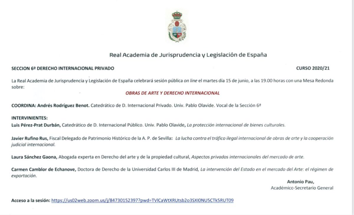 RAJYLE_DIPr's tweet photo. El martes 15 de junio a las 19 horas la Seccion sexta celebra una mesa redonda sobre” Obras de arte y Derecho Internacional” desde una perspectiva multidisciplinar. Dirigida por el Prof. Rodríguez Benot. Vocal de la Sección. Magnifico tema y ponentes. https://t.co/v571M7Ttvd