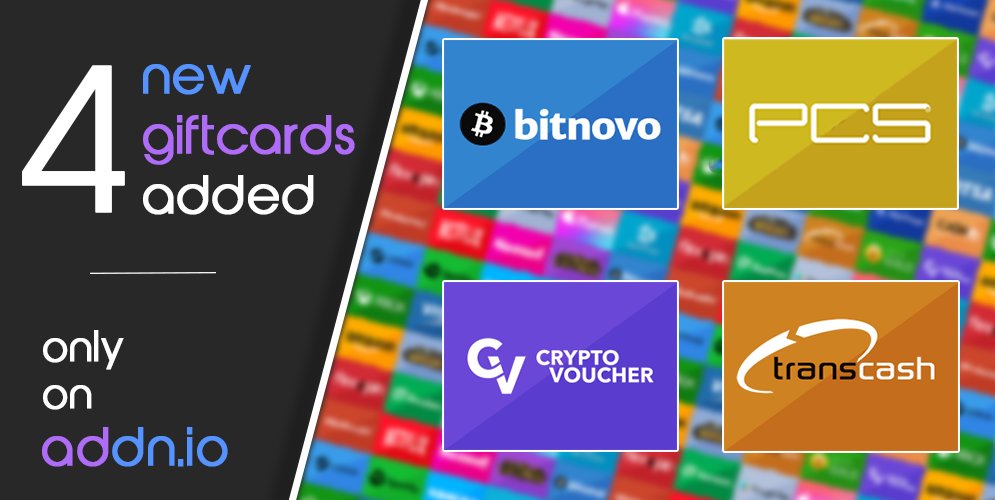 AddnIO's tweet image. 4 new cards join addn.io.
@crypto_voucher @pcs @transcash @bitnovo