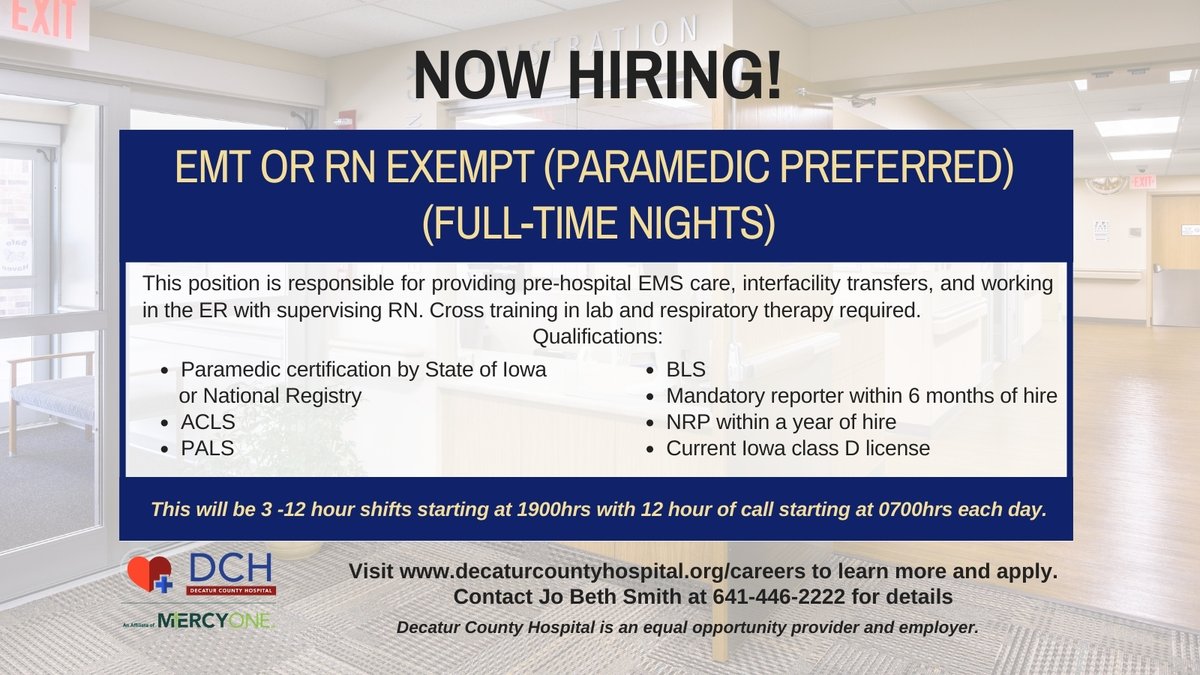 Looking for a change? Decatur County Hospital in Leon, IA is #hiring! Join us as an EMT, RN Exempt, or
Paramedic.

Apply: decaturcountyhospital.org/careers

#healthcarecareer #healthcarejob #healthcarejobs
#jobsinhealthcare #rnexemptjob #emtjob
#paramedicjob #emt #paramedic #hospitaljob