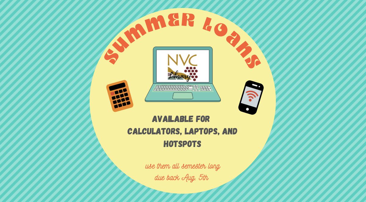 McCarthyLibrary's tweet image. Summer semester is officially here! Come check out your free library materials for the whole summer semester. Such as laptops, calculators and wifi hotspots. Summer check-outs are due back at the Library by August 5th.The Library will be open from Monday to Thursday, 12pm- 5pm.