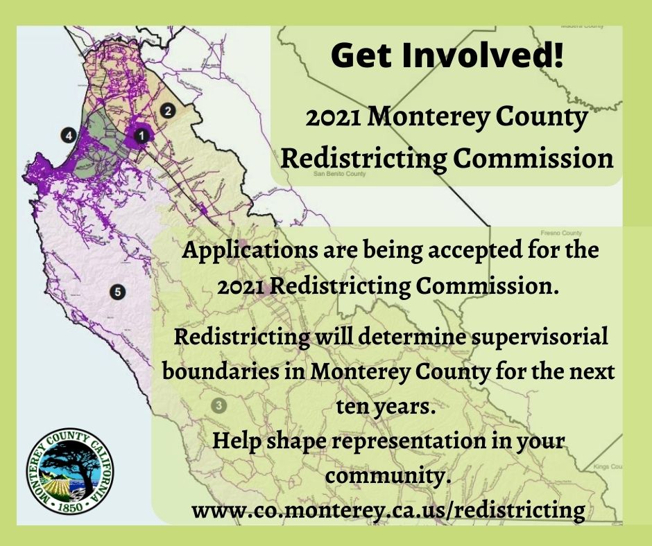 SVLGroup's tweet image. Monterey County’s 2021 Redistricting Commission is being formed!  
Applications will be accepted until June 28th at 5 pm. Help shape representation in your community. Find out about the redistricting process and how to apply at co.monterey.ca.us/redistricting.
