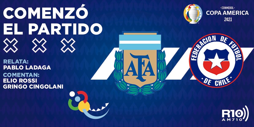 Radio10's tweet photo. #LaSeleccionEnRadio10 🏆 | Comenzó el partido, ya vivís:

#CopaAmerica | @Argentina 🇦🇷 - @LaRoja 🇨🇱

🎙️ Relata: @pabloladaga 
Comentan: @eliopiporossi y @GringoCingolani 

📲 Descargá nuestra app para iOS y Android https://t.co/YnytlN7CUA