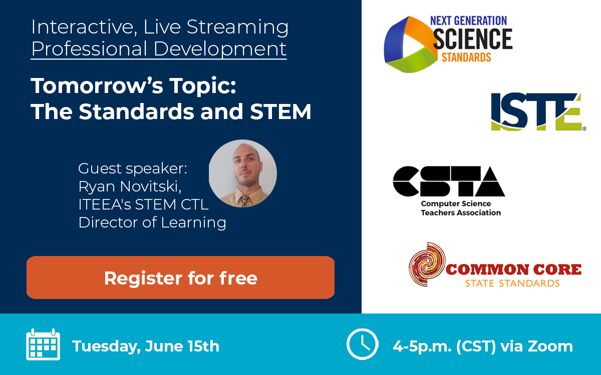 Please join guest speaker Ryan Novitski, ITEEA's STEM CTL Director of Learning, as he cohosts our live streaming, interactive professional development session on STEM and standards tomorrow from 4-5p.m. (CST). Reserve your spot now: bit.ly/35kSiZs
<a href="/ITEEAESC/">ITEEA-Elementary STEM Council</a> <a href="/iteea/">ITEEA</a>