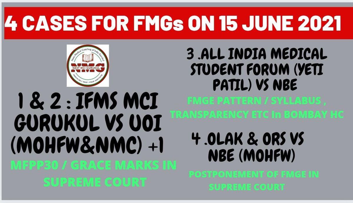 BIG DAY FOR FMGs.. 4 CASES HEARING TODAY (3 IN SUPREME COURT 1 IN BOMBAY HIGH COURT).. PLZ @narendramodi @PMOIndia @NMC_IND @MoHFW_INDIA @AmitShah allow FMGs with grace marks .. they are ready for Rural posting without stipend 🙏🙏 Rural areas need doctors before covid 3rd wave