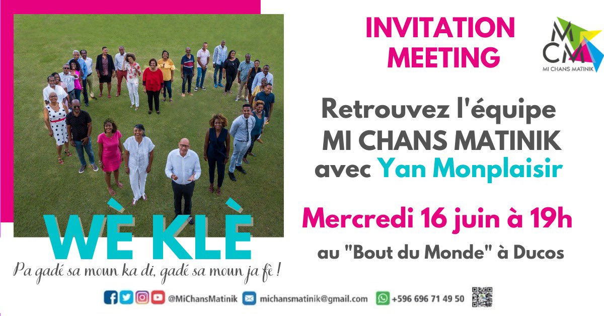 *L'équipe <a href="/MiChansMatinik/">Mi Chans Matinik</a> et moi même nous vous attendons nombreuses et nombreux 
*ce mercredi 16 juin à 19h _au Bout du Monde à Ducos_*

_Changer la Martinique, c'est possible avec VOUS 💖💖 !_
Venez échanger

_#DouvanDouvan #BayBalan #Chans #AnsanmAnsanm #KantEKant #WèKlè_