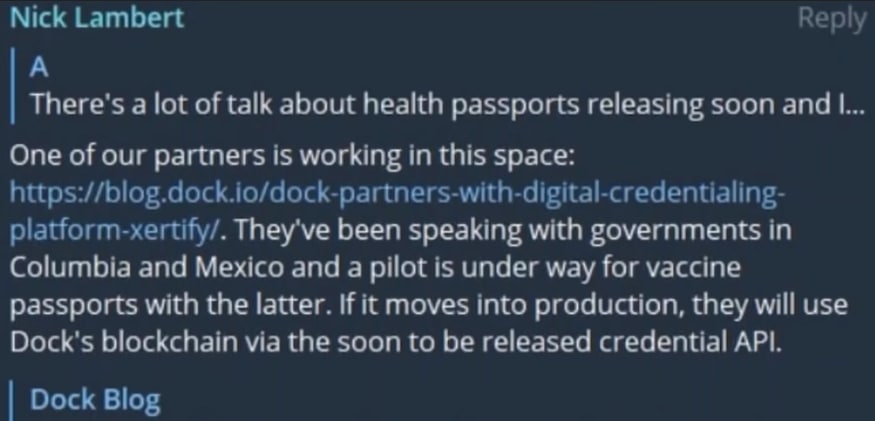 Vechain / $VET competitor $DOCK may soon be the network the Columbian and Mexican governments use for covid passports. DOCK specializes in verifiable credentials and supply chain tracking.

#cryptocurrency #Polkadot #VeChain #altcoins #hiddengem #dock #Bitcoin #Binance #ethereum